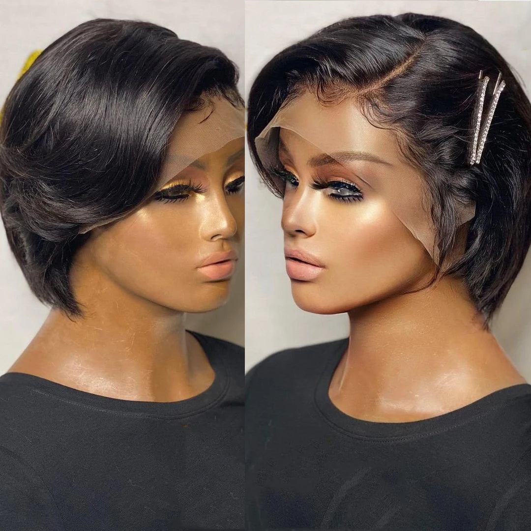 Straight Pixie Cut Wig Transparent Lace Human Hair Wigs Short Bob Wig T Part Lace Wig Prepluck Brazilia Human Hair  For Women